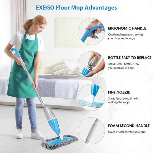 3 Commercial Spray Wet Mops for Floors Cleaning - EXEGO Floor Flat Mops Refillable with Washable Pads for Swiffer