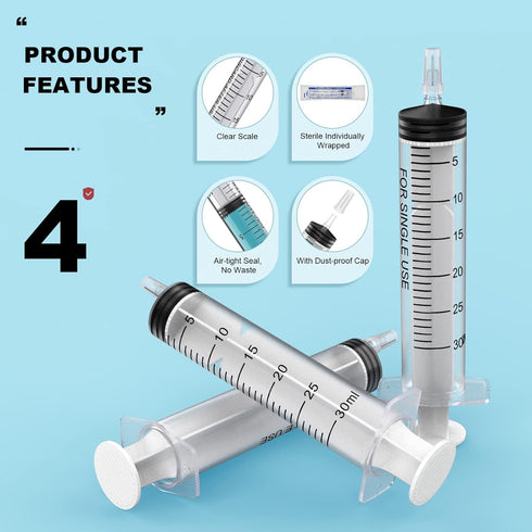 30Pack 30ml Plastic Syringe, Sterile Individual Wrap with Tip Cap for Science Labs, Liquid Measuring Tools