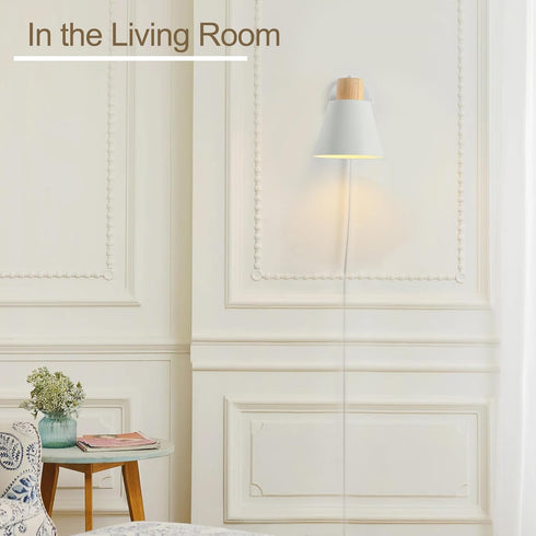Hefoklu E26 White Plug in Wall Sconces with Switch for Bedroom, Modern Rotation Wall Lamps Up Down Mounted Fixture Wood
