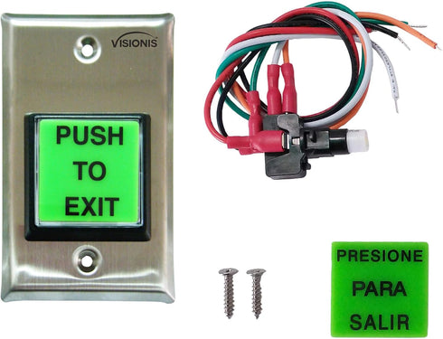 Visionis Push to Exit Button VIS-7000, Indoor Green Square Request to Exit, Stainless Steel for Door Access Control