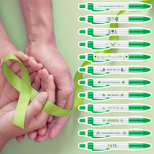 Ctosree Mental Health Awareness Pens, 12 Style Green Ribbon Retractable Gel Pens, Office Charity Stuffers
