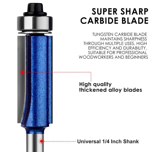 BAIDETS 1/4 Inch Set, 13/16", 1-1/16", 1-3/16", 1-7/32" Straight Flush Trim Router Bits Shank, Top Bearing Flush Trim