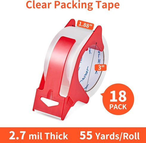 JARLINK 18 Rolls Clear Packing Tape Refills with 3 Dispensers, Heavy Duty 2.7mil Thick, 1.88" Wide, 55 Yards Each