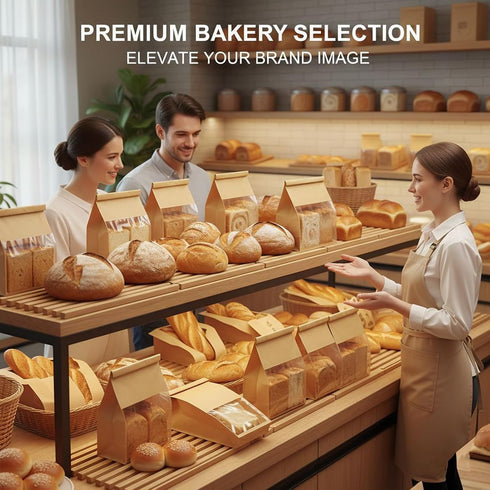 50 9x4.3x11 Inch PCS Bakery Bags with Window - Large Bread Bags for Homemade & Sourdough Bread, Brown Paper Bread Bag