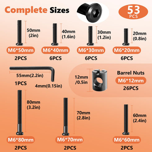 Kalote 53PCS Set Set (M6*20/30/40/50/60/70/80) Crib Screws Hardware Replacement Kit, Baby Bed Frame Bolts & Barrel Nuts