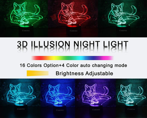 Comiwe 3D Toys,16 Cat (A) Illusion Night Light Colors Change Smart Touch & Remote Control,Home Decor LED Bedside Table