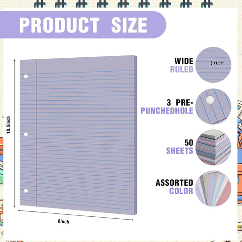PerKoop 12 Pack 600 Sheets Wide Ruled Lined Paper, 8 x 10.5 Inch, 3 Hole Punched Filler Paper for School Office