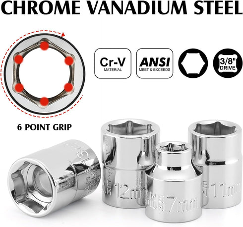 3/8" Set 14-Piece, 6 6-19mm, Set MIXPOWER Drive Low Profile Stubby Impact Socket with Storage Rails, Point, CR-V