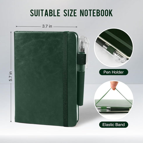 Small College Ruled Notebook, 3 Pack (Green) 3.7x5.7 in Mini Hardcover Journaling Notebooks with Pens