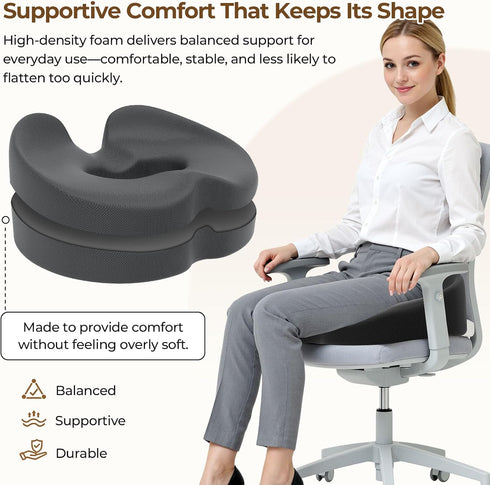 Tailbone, TushGuard Ergonomic Donut Pillow Seat Cushion with Raised Rear Support, Large Memory Foam Cushion