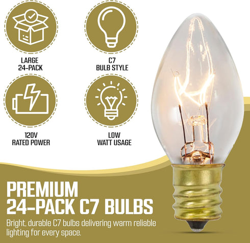 24-Count C7 Bulbs 5-Watt, Iconikal Night Light Candelabra Clear for Lamps Nightlights Lanterns String Lights
