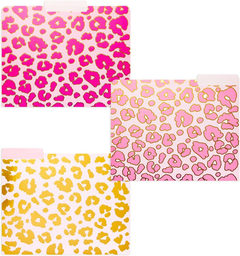 Paper Junkie 12 Pack Pink Leopard Decorative File Folders, Cute Gold Foil Print Office Supplies, Letter Size with 1/3