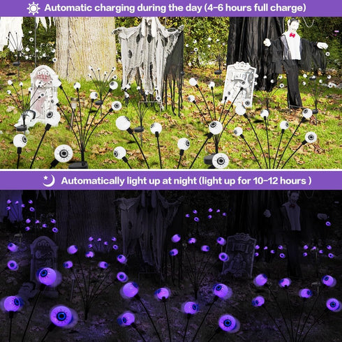 2PACK Scary Eyeballs Solar Garden Lights, 12LED Purple Swaying Firefly Halloween Decorations, Waterproof Outdoor Decor