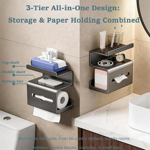 Ovatheria 3-Tier Dark Gray Multi-Tier Toilet Paper Holder with Shelves, Self-Adhesive Tissue Roll Holder with Cell