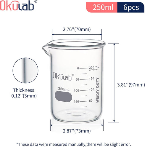 Heavy Duty Glass Beakers, Double Scale Printed Graduation, 6pcs of 250ml, HBKG250A6