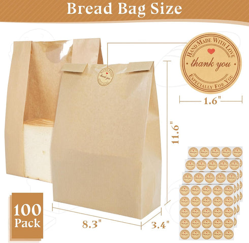 13.7x8.3x3.5in 100 Pack Aimyoo Homemade Sourdough Bread Bags, Stripe Bakery Bags with Window & Seal Stickers