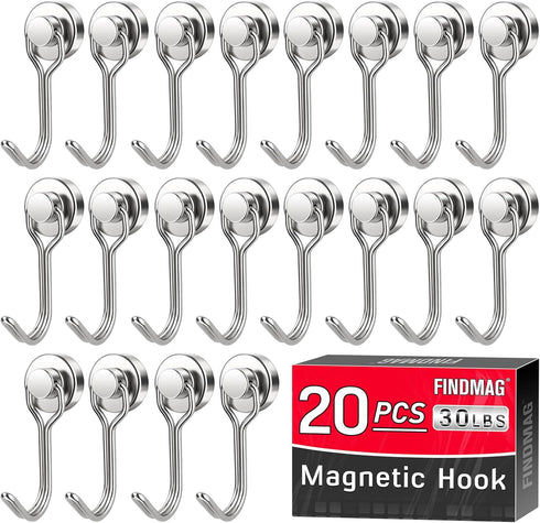 FINDMAG Magnetic Hooks, 30lbs+ Heavy Duty Hooks, Swivel Swing Hooks for Fridge, Kitchen, Garage, 20 Pack, Silver