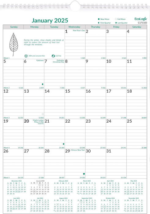 Brownline EcoLogix Monthly Wall Calendar 2024, 17-inch Height for Office & School Supplies