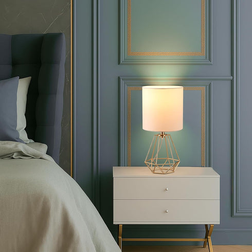 Fengarolam Lamp,14" Shade,E26 Vintage Golden Metal Table Small Bedside Lamp with Farmhouse Hollowed Out Metal Base