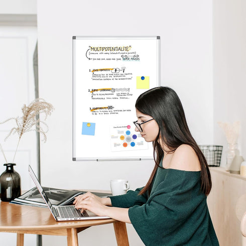 WALGLASS Magnetic White Board, 36" x 24" Double-Sided Dry Erase Board for Wall, Horizontal or Vertical, Silver