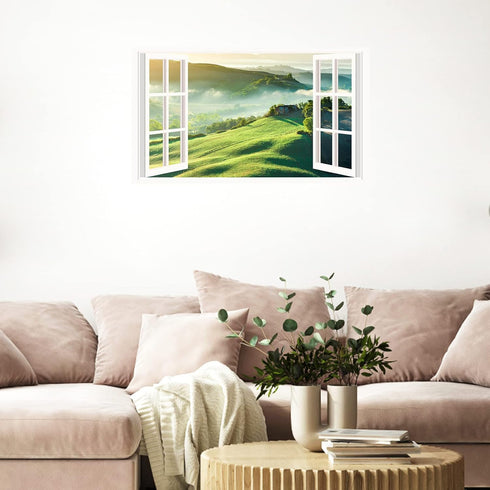 Mountain View Wall Stickers, 3D Fake Window Nature Scenery Decals for Bedroom Living Room, Removable Wall Murals