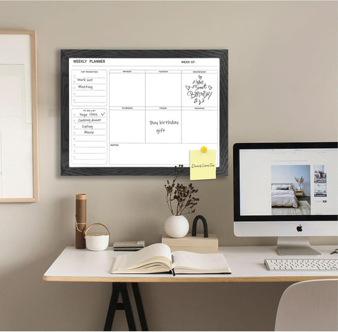 White Board Weekly Calendar - Dry Erase Planner for Wall, 16"X12", Black Solid Wood Frame, Magnetic Whiteboard