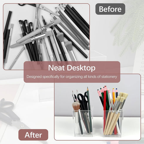 Attkryy Set 2, Clear Acrylic Pen Holder Cup of Simple Modern Desktop Organizer for Stationery, Makeup Brushes, Office
