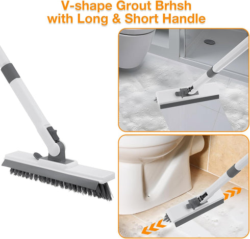 4 1 in Shower Scrubber Cleaning Brush, Tub and Tile Scrubber with Long Handle, Grout Brush Stiff Bristles Scrub Sponge