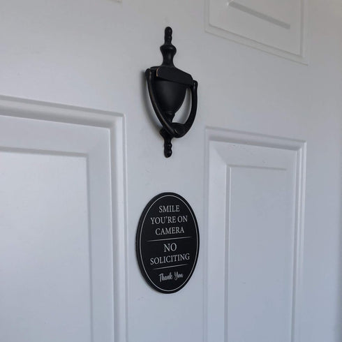 4" x 5" Smile You're on Camera & No Soliciting Sign, 3M Self-Adhesive for Door, Window, Wall, Durable Aluminum