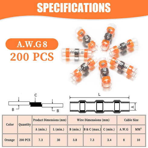 200PCS Solder Seal Wire Connectors Orange 8 AWG, Marine Grade Self Soldering Heat Shrink Waterproof Electrical Butt