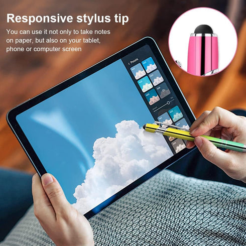 AUAUY 6PCS Ballpoint Pens, 2 in 1 Stylish Metal Stylus Pen with 12 Refills, Black Ink Medium Point