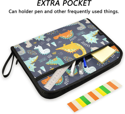 Cute Dinosaur Expanding File Folder with Sticky Labels, 13 Pocket Dark Blue Kids Accordion File Folder Document