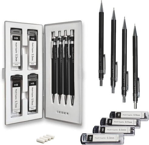 MozArt Mechanical Pencil Set with Case, 4 Sizes: 0.3, 0.5, 0.7 & 0.9mm, 30 HB Lead Refills