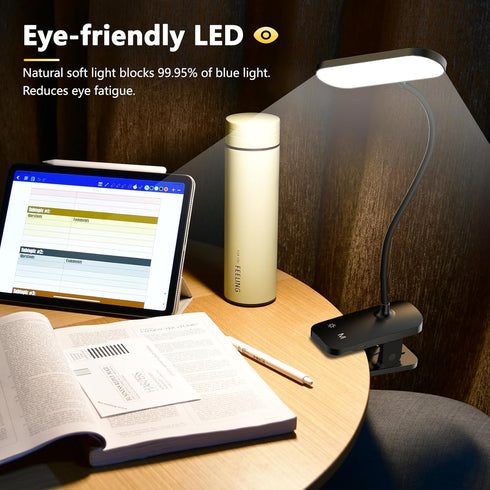 Clip on Desk Lamp, Battery Powered Reading Light with Strong Clamp, 5 Colors & Brightness, USB Rechargeable for Home