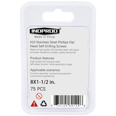#8 x 1-1/2" Self Drilling Screw, Stainless Steel 410, Flat Head Phillips Wood Screw, 75 Pcs