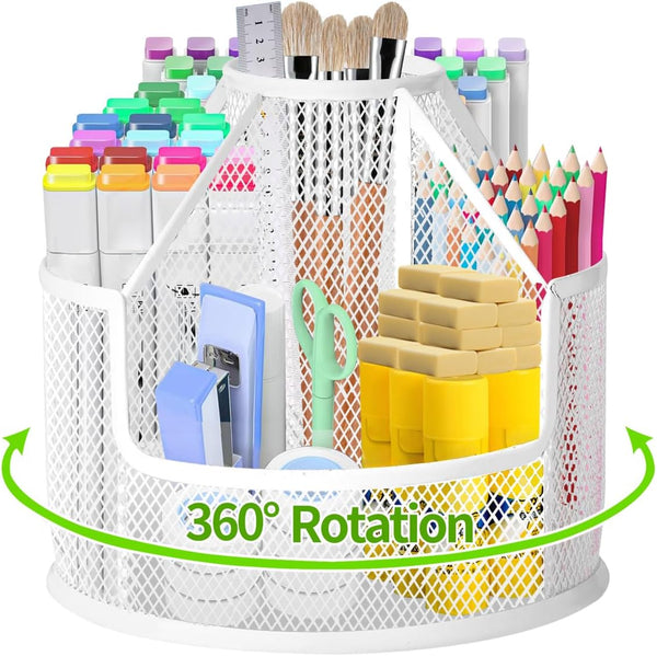 Rotating Metal Desk Organizer - Mesh Pen Holder for Office, School & Home, Cute Art Supplies (White)