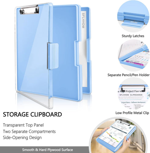Clipboard with Storage, Heavy Duty Clip Boards 8.5x11 with 2 Storage Cases, Clear Top Panel for Office Supplies (Aqua
