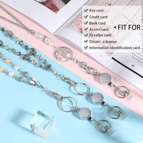 Hicarer 3 Pcs ID Badge Lanyard Necklace with ID Holder Clip, Stainless Steel Beaded Chain, Retractable Reel