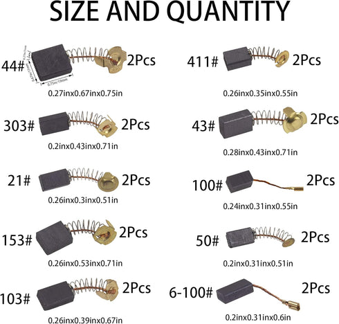 20Pcs Electric Motor Carbon Brushes 10 Different Sizes for Replacement Repair Power Tool Part