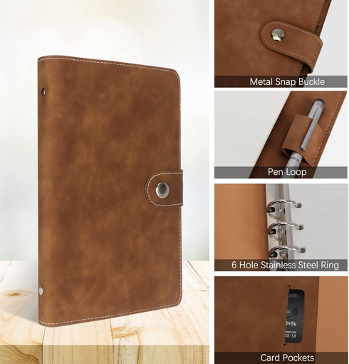 FYY Leather A6 Binder - 6 Ring Binder Notebook, Refillable Notebook A6 Planner Binder with Binder Pockets, A6 Dividers,