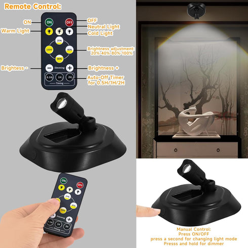 3CTT, Dimmable 2 Pack Wireless LED Spotlight Indoor with Remote, Battery Powered Picture Lights, Rechargeable Spot