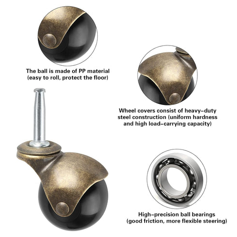 2" Ball Caster Wheels, casters Set of 4 Brass Vintage Antique casters 5/16" x 1 1/2" (8 x 38mm) Wheels Pole with Sleeve for Furniture, Chairs, Cabinets, (casters Set of 4 Heavy Duty)