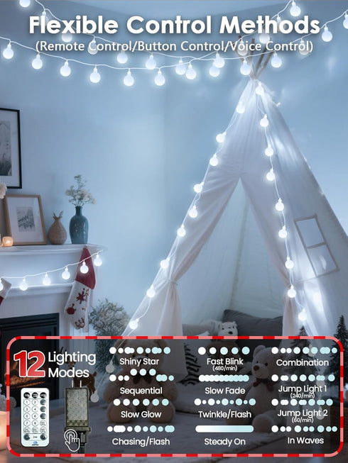 2026 43FT 100LED 12 New Connectable Smart Voice Controlled String Lights Indoor Outdoor | White Globe Fairy Lights