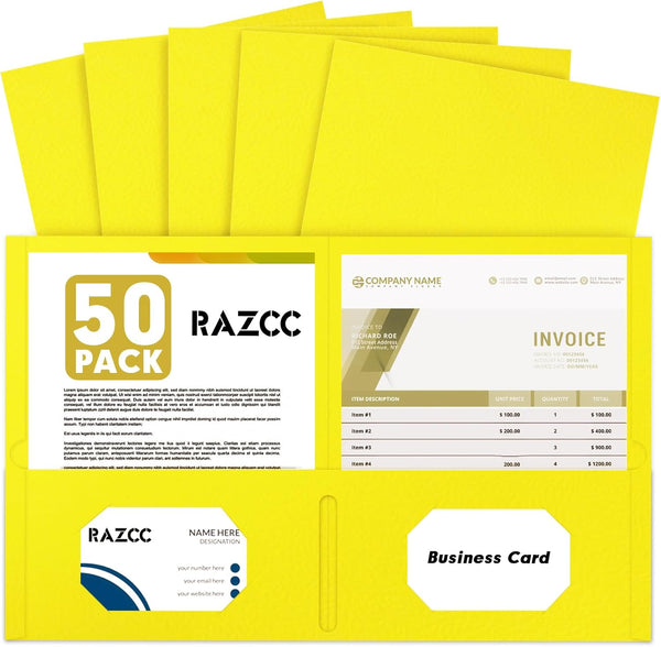 RAZCC 50 Pack Two Pocket Folders, Yellow, Fit Letter Size Paper for School Office Business Home