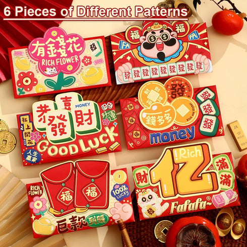 BAIWOVIS 2026-6Pcs Red Envelopes for Chinese New Year Creative Lucky Money Envelope Hongbao of Cute Patterns of Wealth