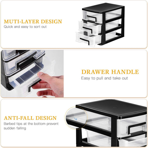 SEWACC 3-Layer Plastic Drawer Organizer, Small Desktop Organizer with Transparent Drawers for Office Supplies