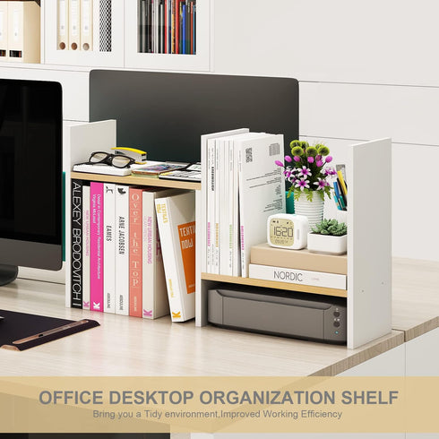 Small Desktop Bookshelf, White Desk Organizers and Storage, Expandable Desk Organization Shelves, Adjustable Narrow