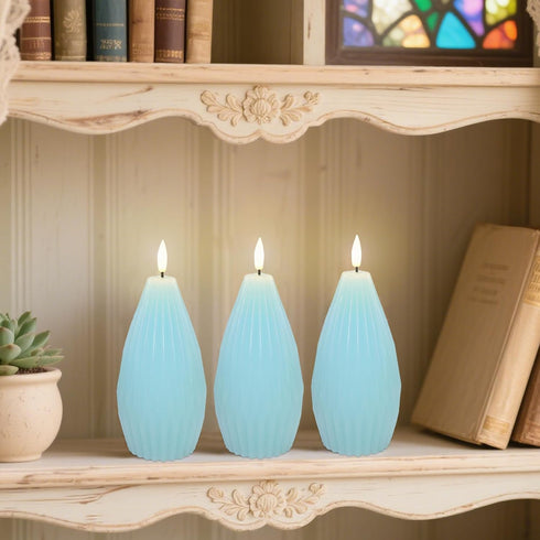 3Pack Blue Ribbed Flameless Candles with Remote Flickering Realistic Battery Powered LED Real Wax Decorative Candle