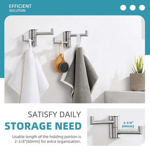 2 Pack, 304 Angle Simple Swivel Towel Double Hook Brushed Nickel Stainless Steel Bathroom Robe Hook