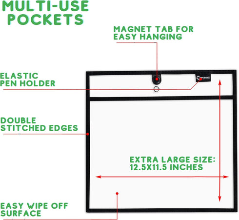 Magnetic Dry Erase Pockets by Two Point (6-Pack) - Black Dry Erase Pocket Sleeves, Job Shop Ticket Holders, Magnetic